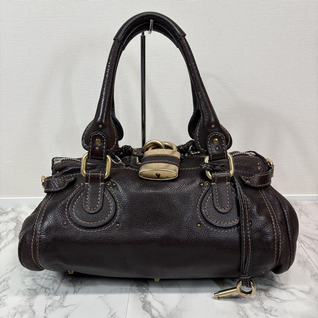 Rare Chloe Paddington Hand Bag Leather Dark Brown Padlock Key Used